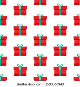 Seamless pattern different gift boxes in vector. Gift in flat style. Collection for Christmas, birthday and holidays. Christmas and new year background. Present box with bow. Cartoon design.