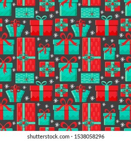 Seamless pattern different gift boxes in vector. Gift in flat style. Collection for Christmas, birthday and holidays. Christmas and new year background. Present box with bow. Cartoon design.