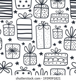 Seamless pattern of different gift boxes with ribbon bow in art line drawing. Presents in black line on a white background. Holiday design for birthday, New year, Christmas in minimalism design