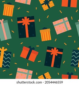 Seamless pattern of different gift boxes. Wrapped presents decorated with bows, ribbons and patterns. Hand drawn vector colorful flat cartoon style illustration for fabric textile or wrapping paper.