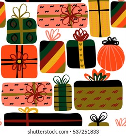 Seamless pattern with different gift boxes. Cute design. Colorful creative presents. Repeating background. It can be used for wallpaper, textiles, wrapping, card. Vector illustration, eps10