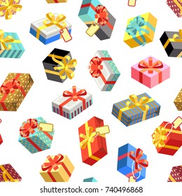 Seamless pattern with different giftboxes colored on white background. Flat-style vector illustration. Gift seamless pattern background, holiday birthday package gift box