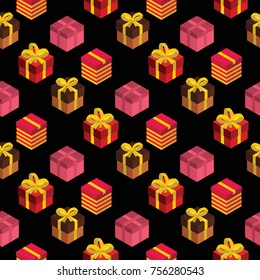 Seamless pattern with different giftboxes colored on black background. Isometric vector illustration. Gift seamless pattern background, holiday Christmas package gift box