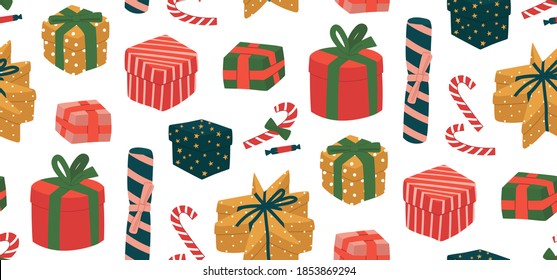 Seamless pattern of different gifts with candies in traditional christmas color red, green, blue and yellow. Hand-drawn vector illustration. Doodle style. For wrapping paper and another print design.