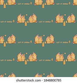 Seamless pattern of different Gingerbread cookie for Christmas on green background.