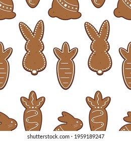 Seamless pattern with different gingerbread cookies, rabbits and carrots. White background. Vector illustration.