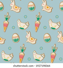 Seamless pattern with different gingerbreads. Easter elements on light blue background.
