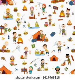 Seamless pattern. Different girls and boy tourist on nature. Camping. Fishing, overnight in a tent, picking mushrooms, fun and relaxation. Children's camp. Scouts. Cute Vector Illustration