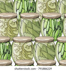 Seamless pattern with different glass jars with vegetables. Endless texture on white background