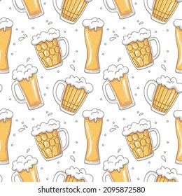 Seamless pattern with different glass mugs of beer. Holiday octoberfest background. Vector illustration.