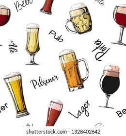 Seamless pattern with different glasses with beer, different mugs of beer. Vector illustration of a sketch style.