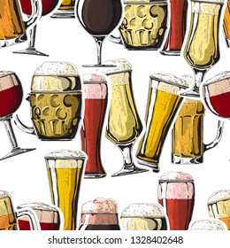 Seamless pattern with different glasses with beer, different mugs of beer. Vector illustration of a sketch style.