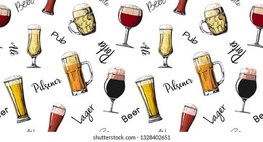 Seamless pattern with different glasses with beer, different mugs of beer. Vector illustration of a sketch style.