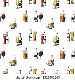 Seamless pattern with different glasses with beer, different mugs of beer. Vector illustration of a sketch style.