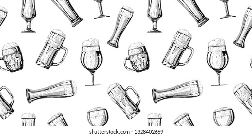 Seamless pattern with different glasses with beer, different mugs of beer. Vector illustration of a sketch style.