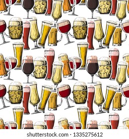 Seamless pattern with different glasses with beer, different mugs of beer. Vector illustration of a sketch style.