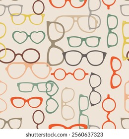 Seamless pattern with different glasses frames. Retro geometric background template. Illustration