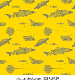 Seamless pattern with different gray fishes on yellow background with mandalas, vector illustration