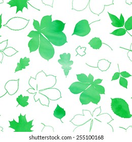 Seamless pattern with different green leaves silhouettes on white background: chestnut, birch, linden, alder, oak, aspen, maple. Vector design.