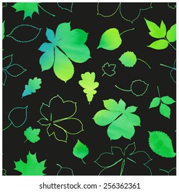 Seamless pattern with different green leaves silhouettes on black background: chestnut, birch, linden, alder, oak, aspen, maple. Vector design.