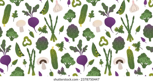 Seamless pattern different green purple gradient vegetables, mushrooms and greens in flat vector style on white background. For print, textile, background, wrapper.