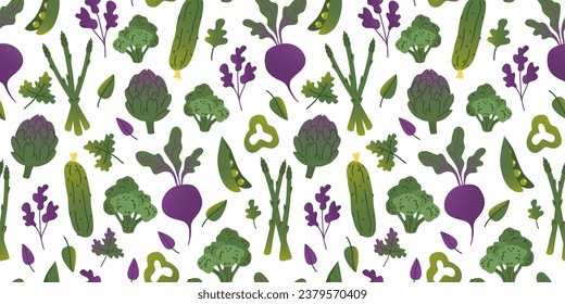 Seamless pattern different green purple gradient vegetables and greens in flat vector style on white background. For print, textile, background, wrapper.