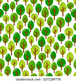 Seamless pattern of different green trees in forest. Vector illustration on white background.
