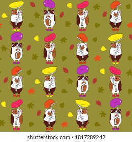 Seamless pattern with different guinea pigs, mushrooms and leaves. Animalistic vector background. Brown, yellow, purple, pink and orange tones. Can be used for wallpapers, textile, surface textures