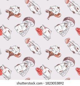 Seamless pattern with different guinea pigs and watercolor mushrooms. Animalistic vector background. Brown, beige and red tones. Can be used for wallpapers, pattern fills, textile, surface textures