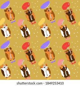 Seamless pattern with different guinea pigs and multicolored mushrooms. Animalistic vector background. Multicolor. Can be used for wallpapers, pattern fills, textile, surface textures