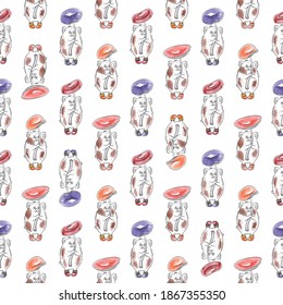 Seamless pattern with different guinea pigs and watercolor mushrooms. Animalistic vector background. Multicolor. Can be used for wallpapers, pattern fills, textile, surface textures