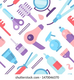 Seamless pattern with different hair care accessories and instruments. Flat style vector illustration. Suitable for wallpaper, wrapping or textile