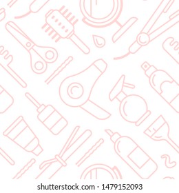 Seamless pattern with different hair care accessories and instruments in linear style. Suitable for wallpaper, wrapping or textile
