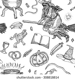 Seamless pattern with different halloween characters, animals and objects. Medieval engraving style. Ink line illustration for Halloween. 