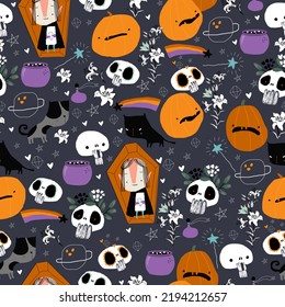 Seamless Pattern with Different Halloween Elements And Characters
