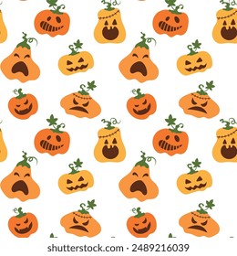 Seamless pattern with different Halloween pumpkins on a white background. Vector illustration ideal for textile, wallpaper or print design.