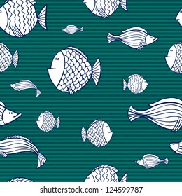 Seamless pattern with different hand drawn cartoon fishes on the striped background. Vector illustration.