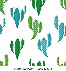 Seamless pattern with different hand drawn cactus. Vector Illustration.