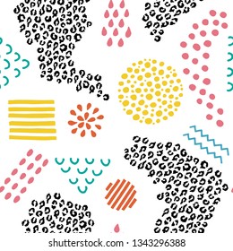 Seamless pattern. Different hand drawn elements and leopard print isolated on the white background. 