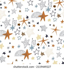 Seamless pattern with different hand drawn stars. Creative kids texture for fabric, wrapping, textile, wallpaper, apparel. Vector illustration