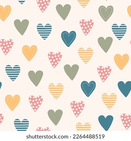 Seamless pattern with different hand drawn hearts. Spring color palette. Vector illustration.