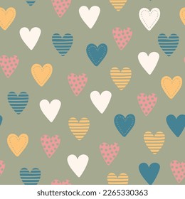 Seamless pattern with different hand drawn hearts. Spring color palette. Vector illustration.