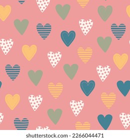 Seamless pattern with different hand drawn hearts. Spring color palette. Vector illustration.