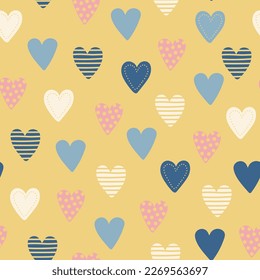 Seamless pattern with different hand drawn hearts. Spring color palette. Vector illustration.
