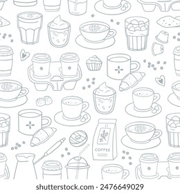 Seamless pattern with different hand drawn coffee drinks