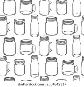 Seamless pattern with different hand drawn mason jars. Flat contour background with a glass containers in doodle style	