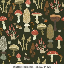 Padrão contínuo com cogumelos desenhados à mão diferentes no fundo preto, ilustração queda vetor.