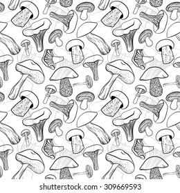 Seamless pattern with different hand drawn mushrooms in black and white