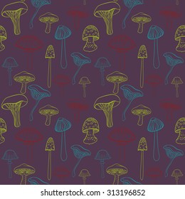 Seamless pattern with different hand drawn mushrooms on dark purple background