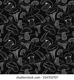 Seamless pattern with different hand drawn mushrooms on chalkboard.